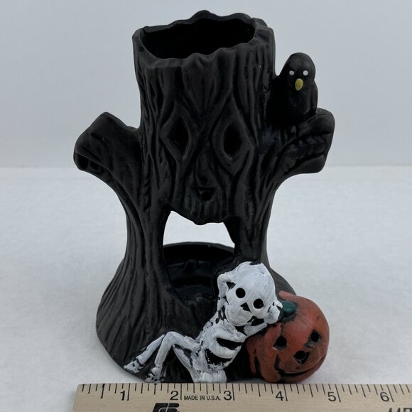 Vintage Halloween Haunted Tree Candle Holder With Skeleton Pumpkin 6.5" Tall - Picture 9 of 16